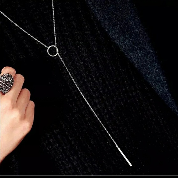 925 Sterling Silver Circle Strip Long Necklace - Picture 4 of 4